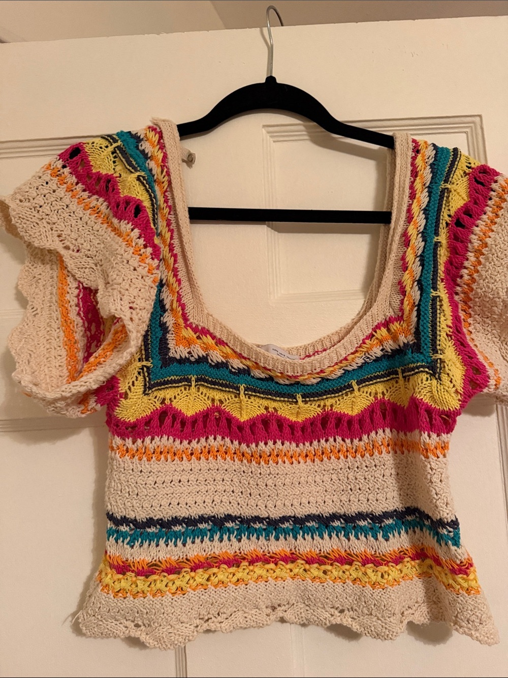 Zara Cream Crochet Crop Top with Pink, Yellow, Teal and Orange Stripes